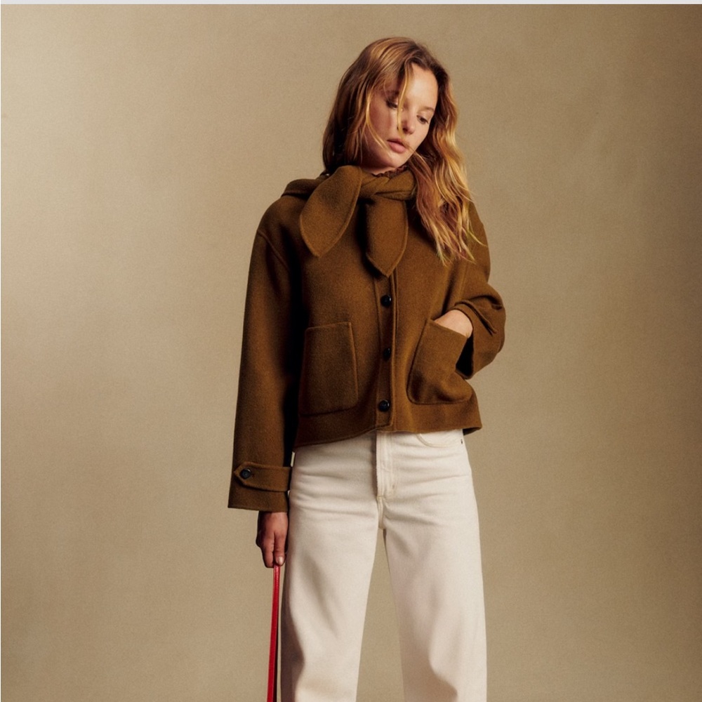 Sezane Olive Green Pea Coat with Bow Collar